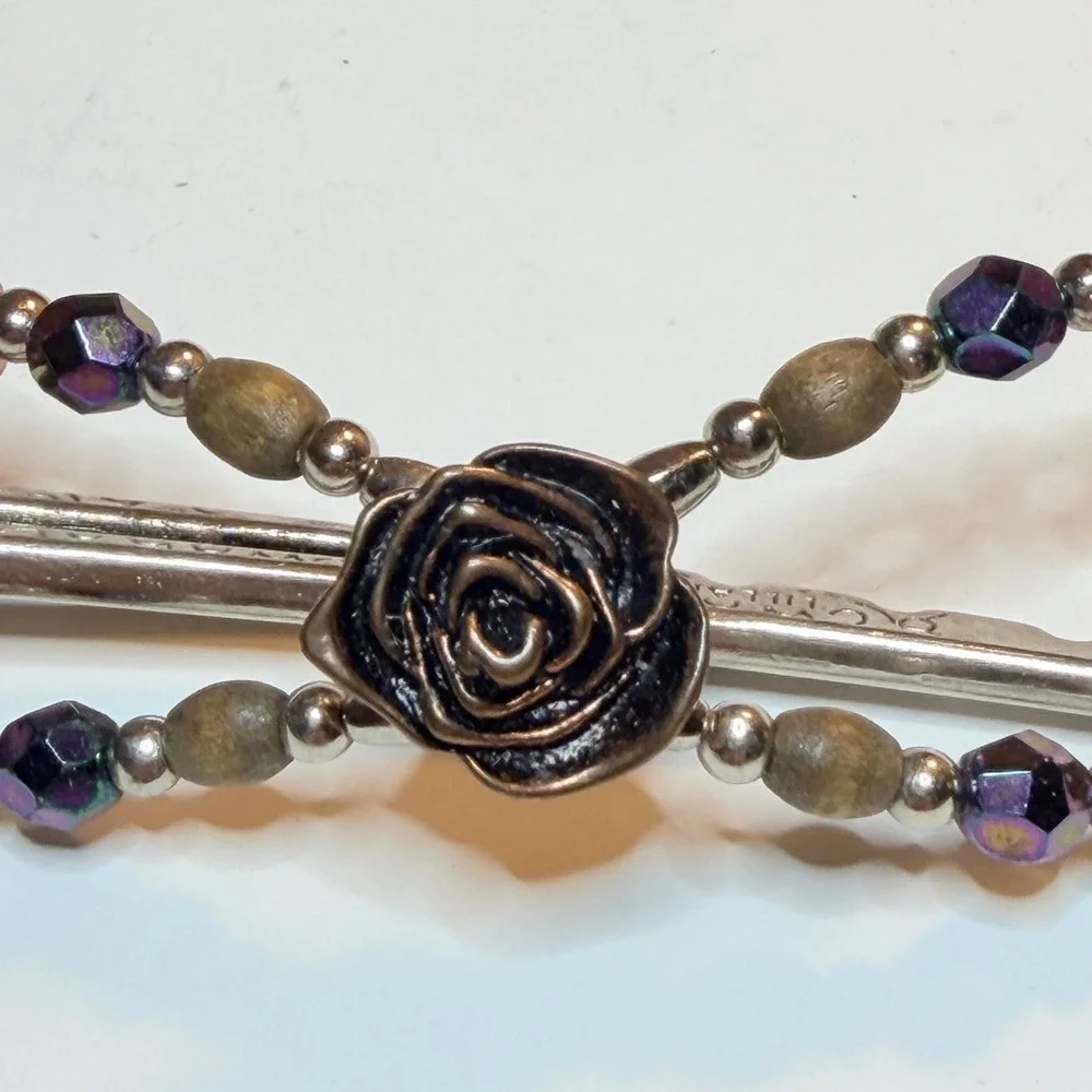 Lilla Rose Flexi Clip Hair Slide Silver Purple Beads Bronze Rose Size Medium